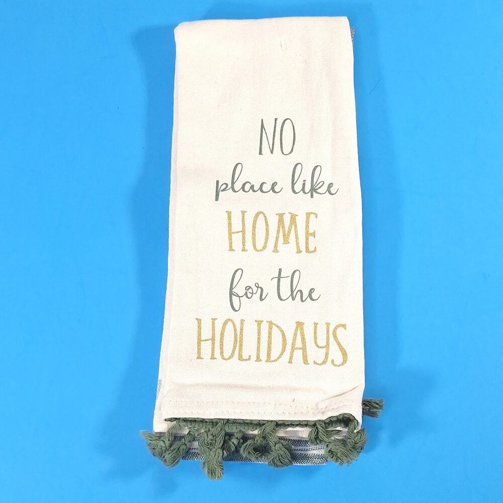 Home for the Holidays Cotton Kitchen Towel Set Cream Sage Pom Pom Trim New NWOT